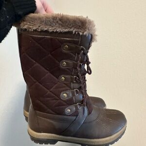 Brown Quilted Winter Boots with Faux Fur Trim